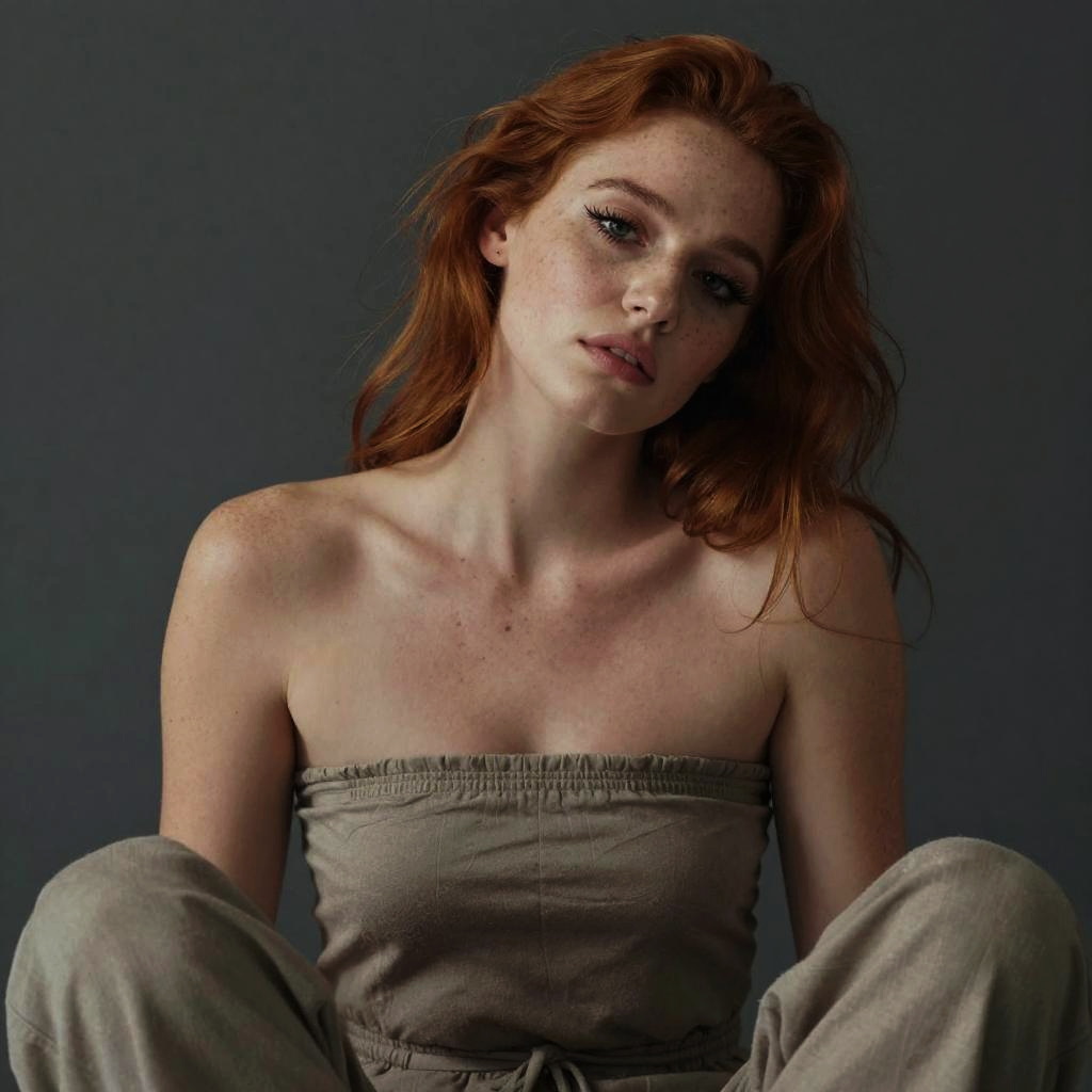 Portrait of Red-Haired Woman with Freckles in Minimalist Fashion