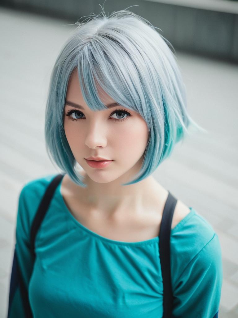 Aoba Moca Woman with Blue Bob Hair in Teal Top Realistic Portrait