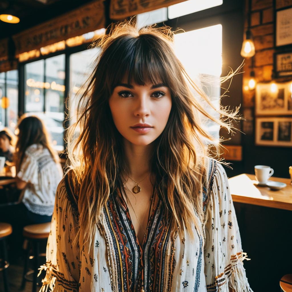 Bohemian Style Woman in Cozy Cafe with Warm Lighting