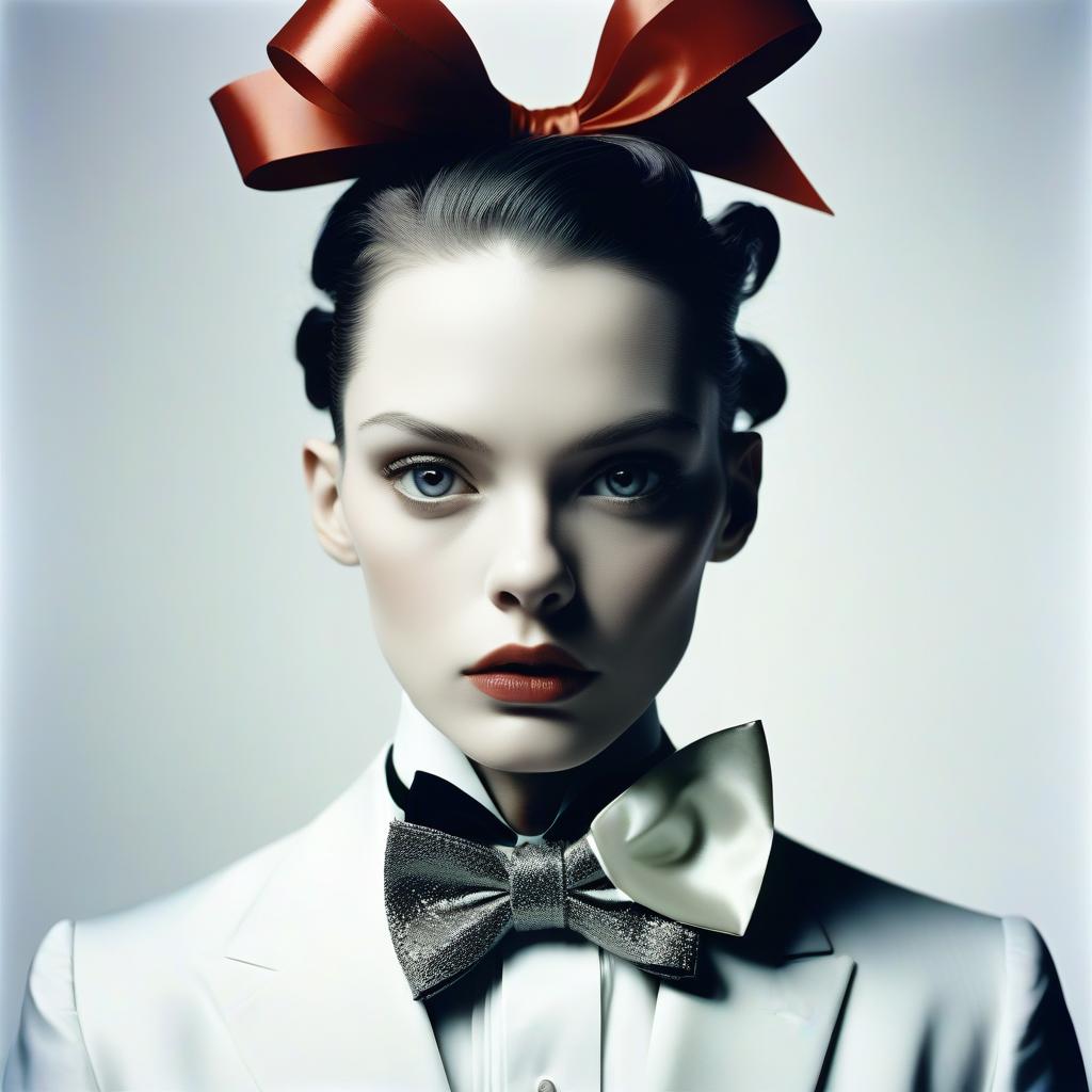 Elegant Woman in White Suit with Red Ribbon Elegant Woman in White Suit with Red Ribbon