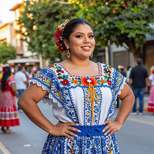 Woman Wearing Traditional Mexican Embroidered Dress at Cultural Festival