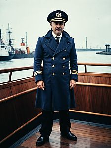 Man in Ship Captain Costume Standing on Boat Deck in Harbor