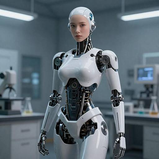 Futuristic Humanoid Robot with Woman's Face in Modern Lab - Gen Z Inspired AI