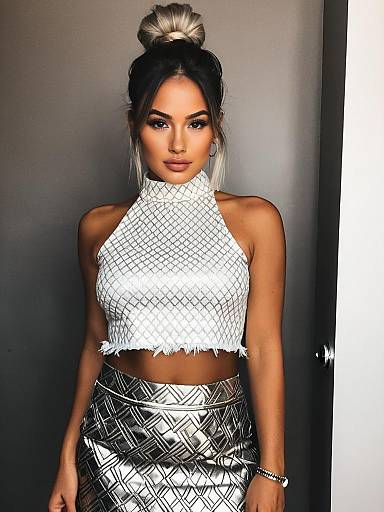 Woman Wearing Chic Sleeveless High Neck Cropped Top in White with Geometric Pattern