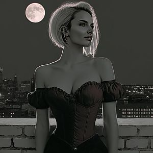 Stylish Woman in Black Corset with Full Moon Night Cityscape