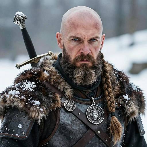 Intense Viking Warrior in Fur Armor with Braided Beard in Snow