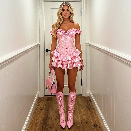 Woman in Pink Off-Shoulder Corset Dress with Knee-High Lace-Up Boots