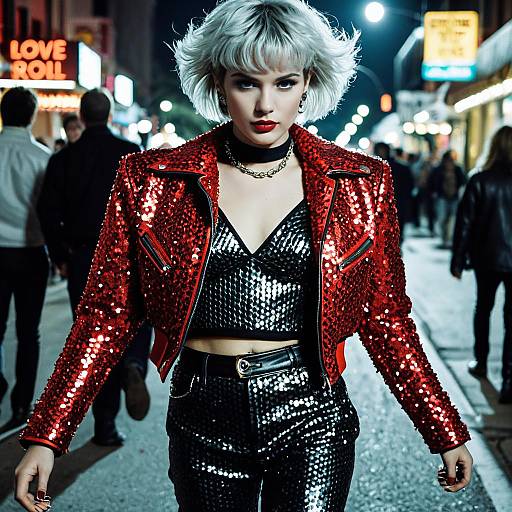 Fashionable Woman in Red Sequin Jacket on Night City Street