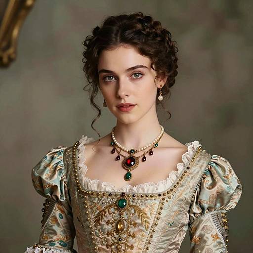 Young Woman in Renaissance-Inspired Elegant Dress with Jewelry