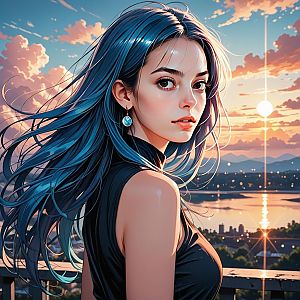 Young Woman with Blue Hair on Balcony at Sunset