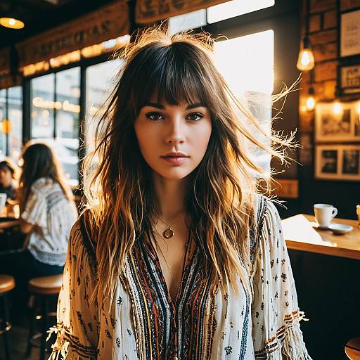 Bohemian Style Woman in Cozy Cafe with Warm Lighting