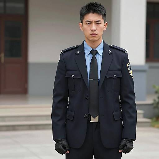 Young Man in Formal Security Police Uniform Standing Outdoors
