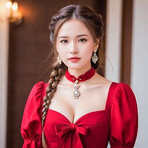 Young Woman in Elegant Red Dress with Braids