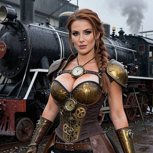 Steampunk Woman in Clockwork Armor with Vintage Steam Locomotive