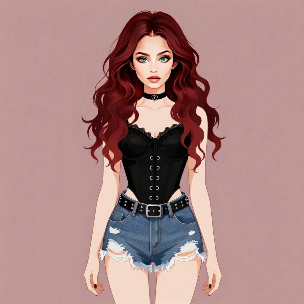 Stylish Red-Haired Woman in Black Corset and Ripped Denim Shorts Digital Illustration