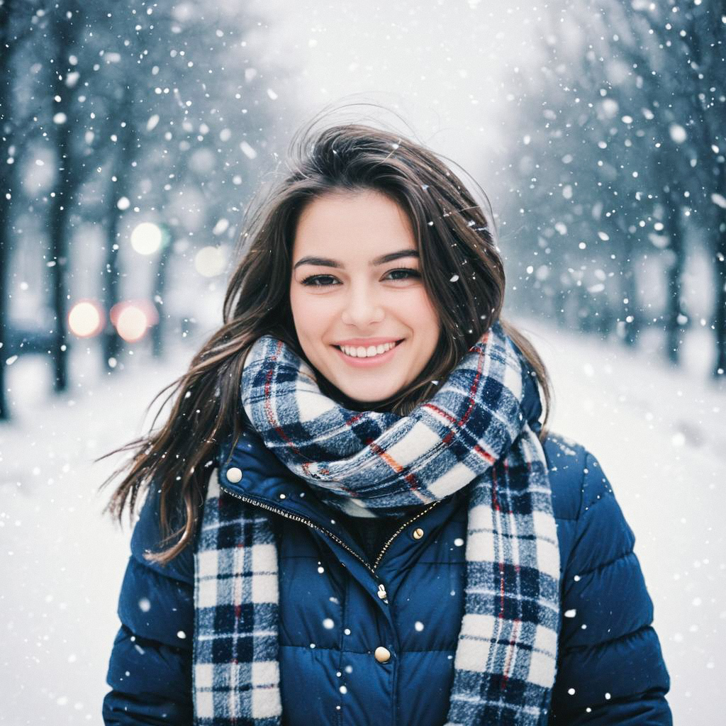Cheerful woman in winter jacket smiling in snowfall