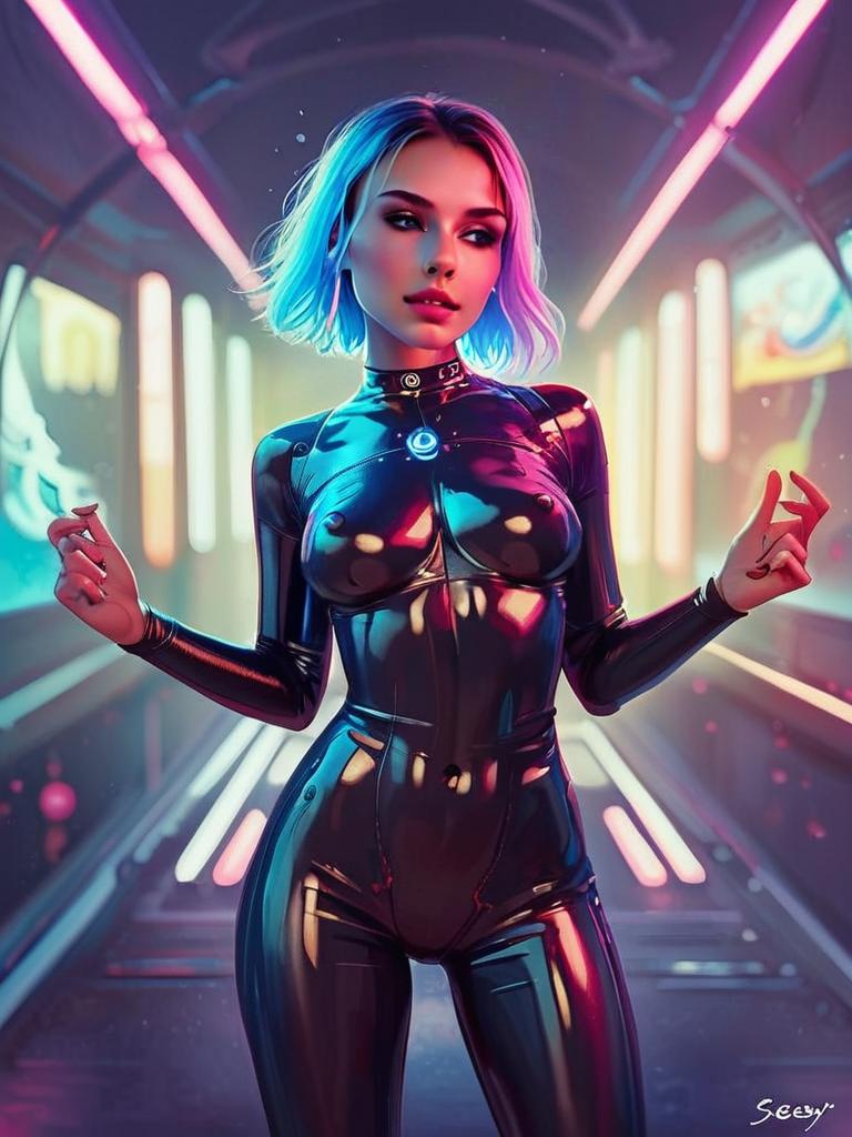 Futuristic Woman in Glossy Black Bodysuit with Neon Cyberpunk Lighting