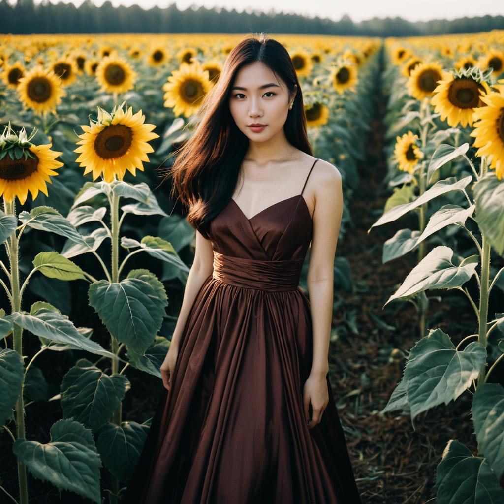 Young Woman in Elegant Brown Dress Standing in Vibrant Sunflower Field