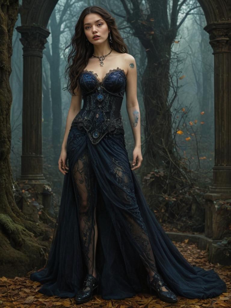 Woman in Gothic Gown in Mystical Forest