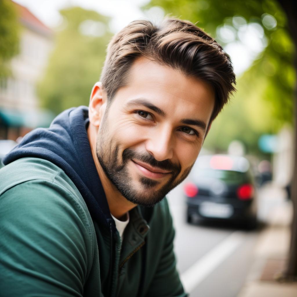 Smiling Young Man in Green Jacket Outdoors Smiling Young Man in Green Jacket Outdoors