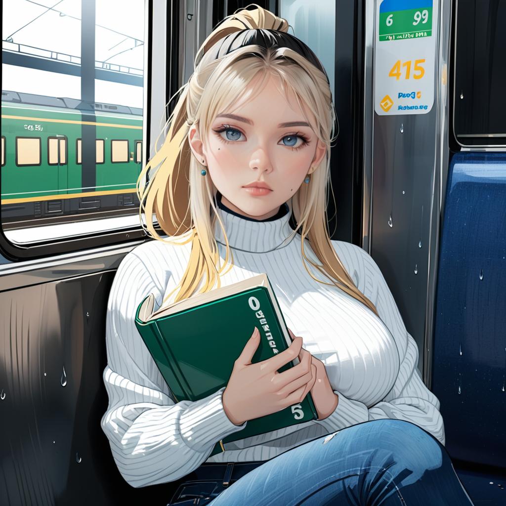 Anime Woman with Blonde Hair Reading on Train