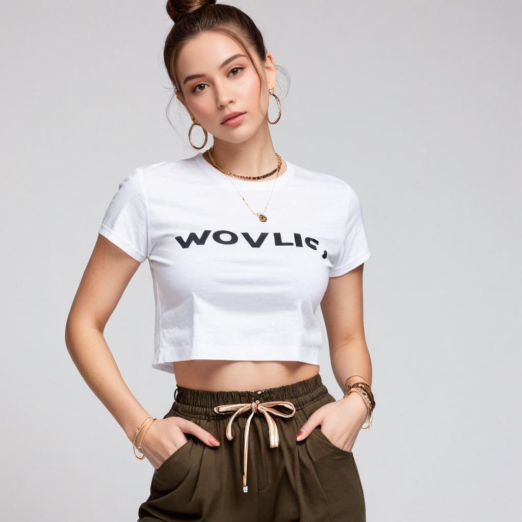 Stylish Young Woman in White Cropped T-Shirt and Olive Green Pants