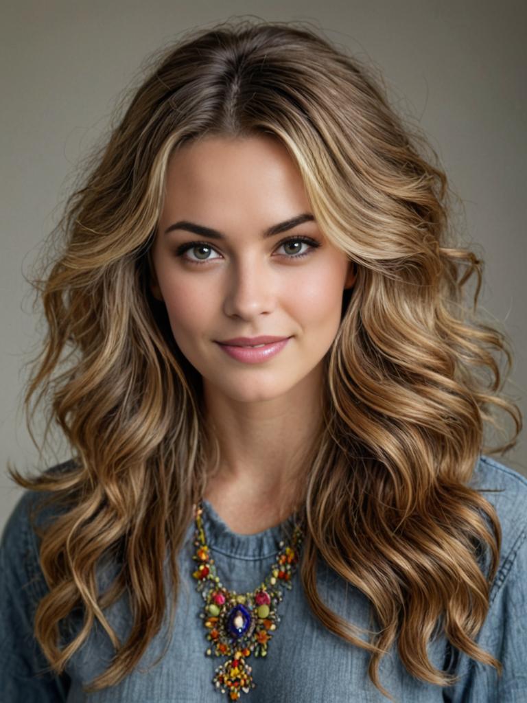 Portrait of a woman with wavy hair and colorful necklace