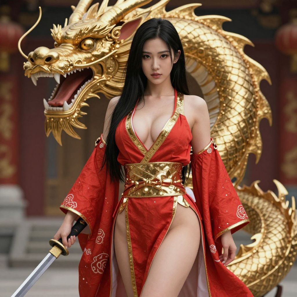 Woman in Red and Gold Asian Inspired Outfit with Sword and Golden Dragon Sculpture