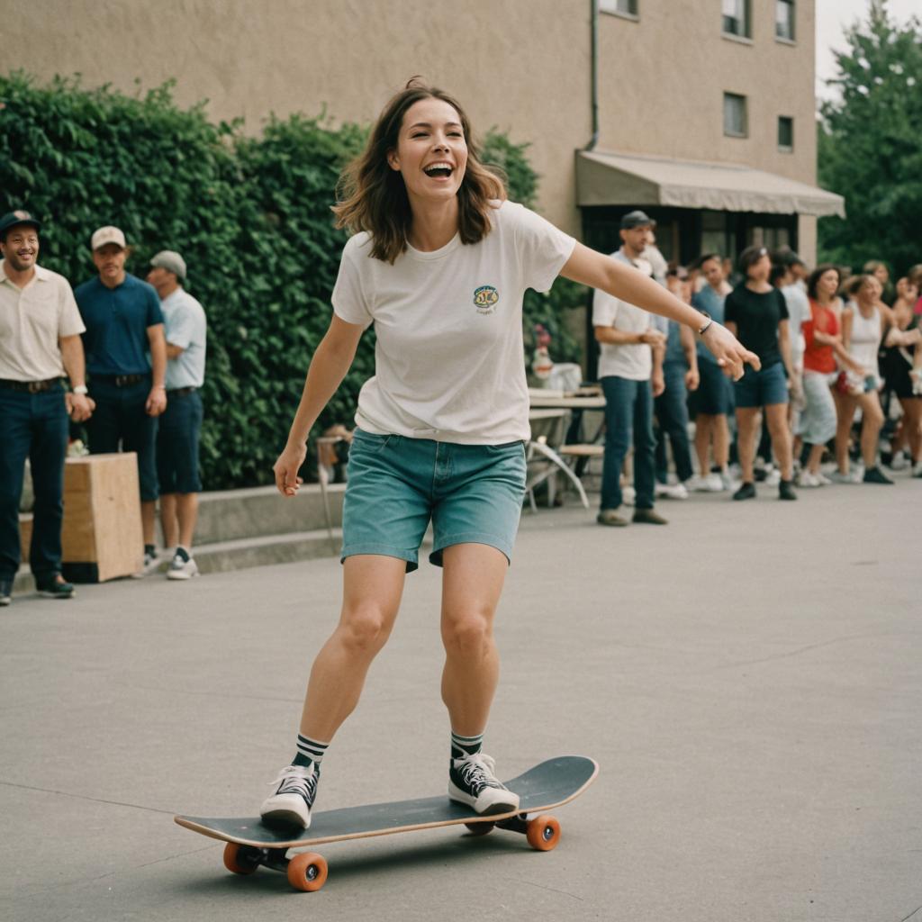 Joyful Man Skateboarding in Urban Vintage Style