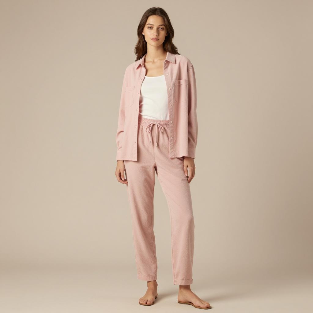 Woman Wearing Pink Loungewear Set with White Tank Top