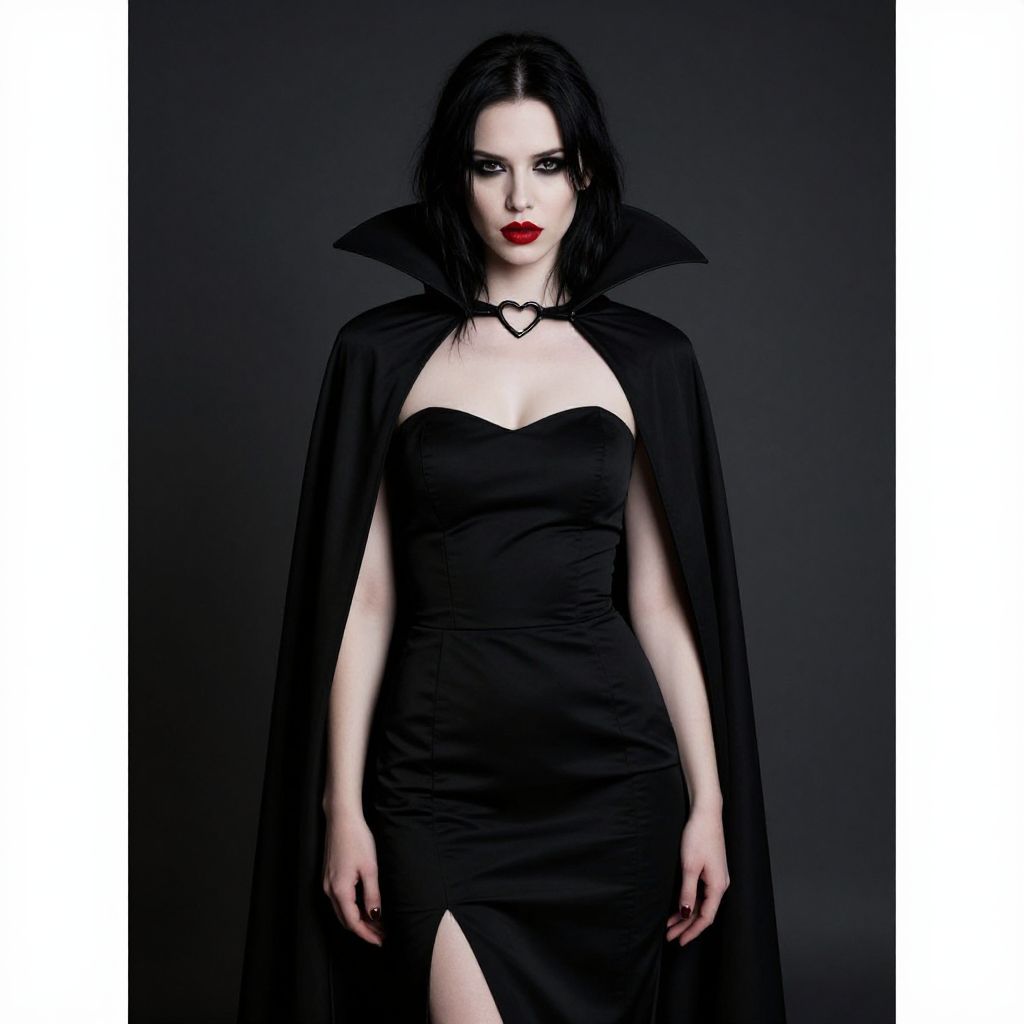 Gothic Woman in Black Dress and Cape with Heart Clasp