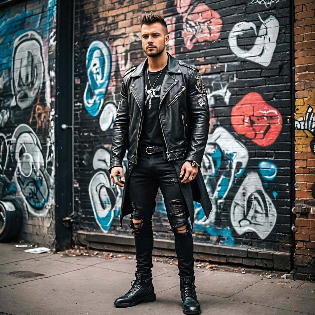 Fashionable Man in Black Leather Jacket Against Graffiti