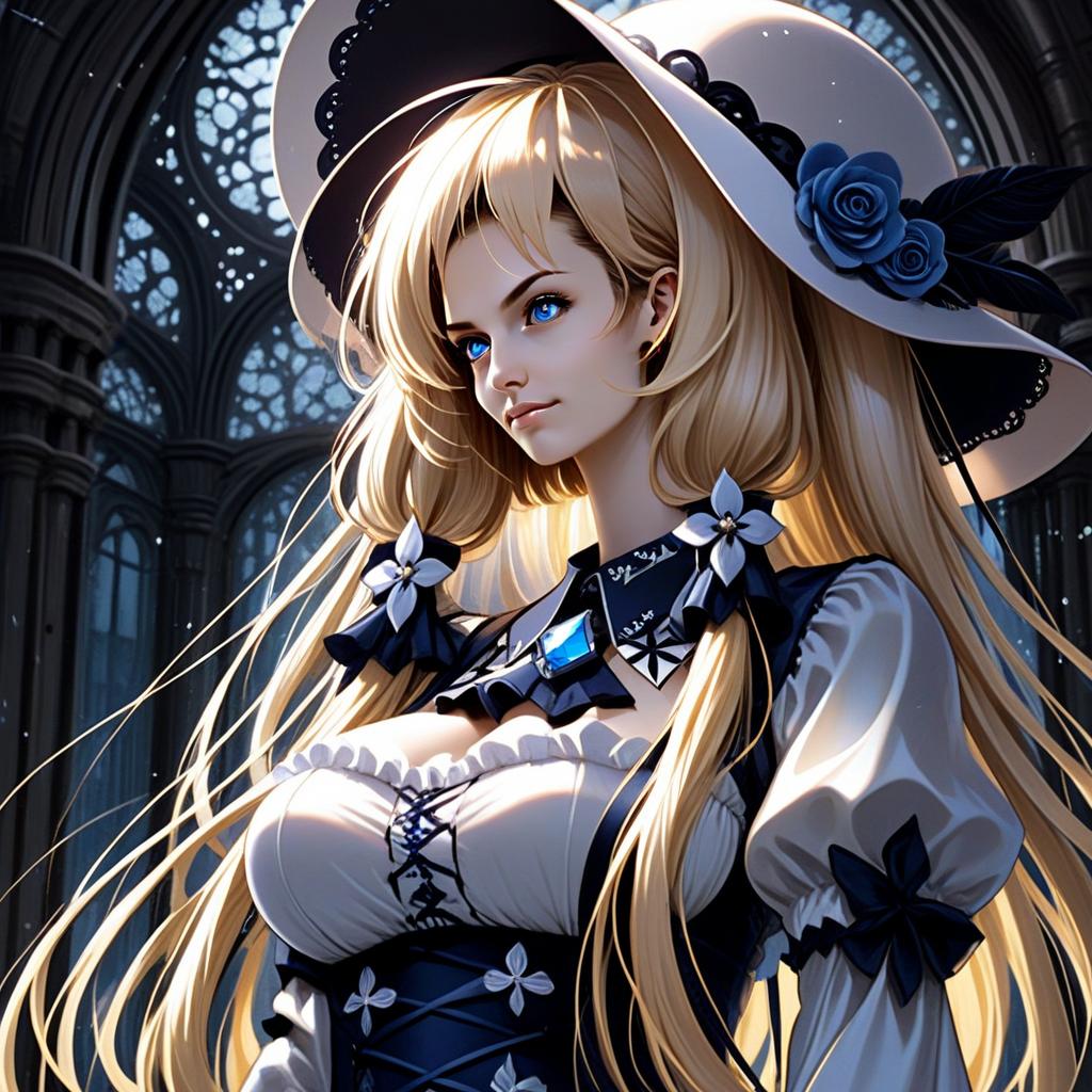 Elegant Blonde Woman in Victorian Outfit with Blue Roses in Gothic Cathedral Anime Style