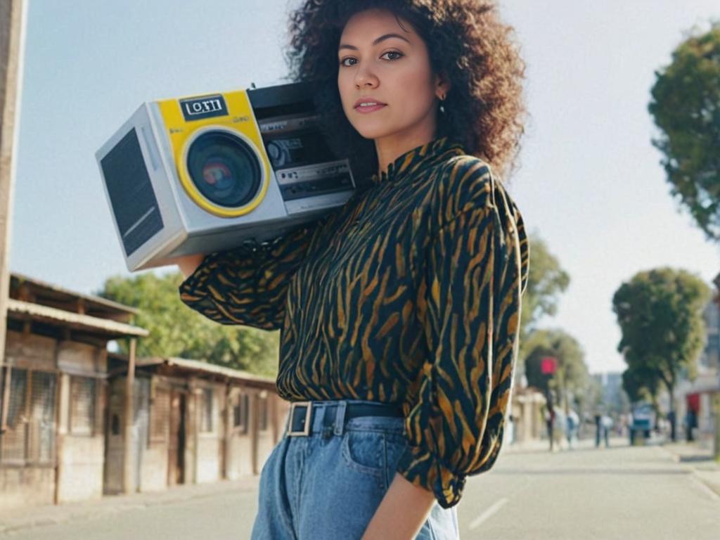 Young Woman with Afro and Vintage Boombox in Urban Setting