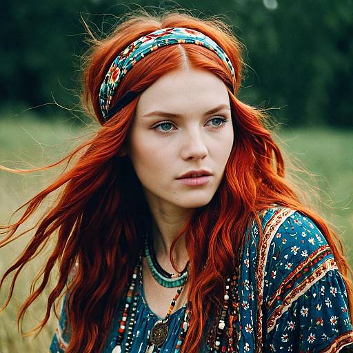 Boho Look Woman with Red Hair and Headband in Colorful Dress