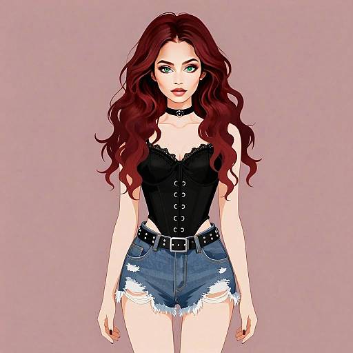 Stylish Red-Haired Woman in Black Corset and Ripped Denim Shorts Digital Illustration