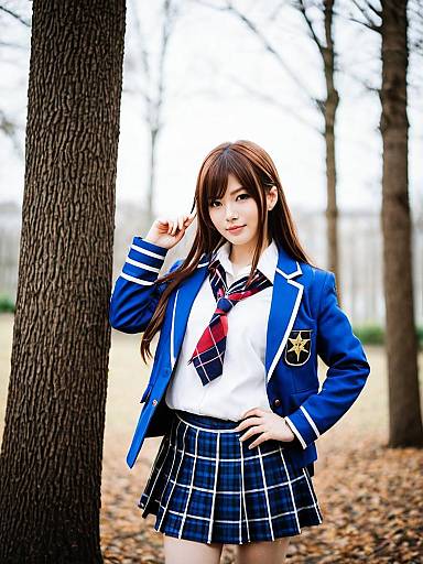 Young Woman in Blue Ensemble Stars School Uniform Outdoors