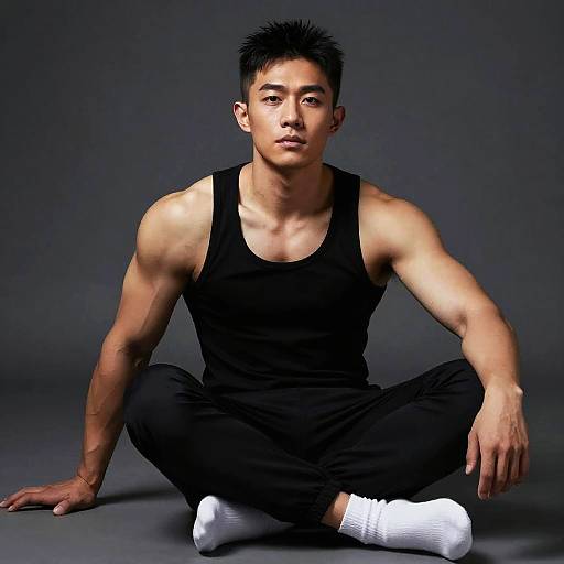 Young Fit Man Sitting Cross-Legged in Black Tank Top and Joggers