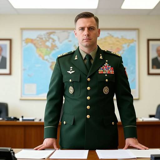 Male Military Officer in Uniform with Medals Standing in Office