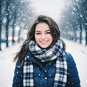 Cheerful woman in winter jacket smiling in snowfall