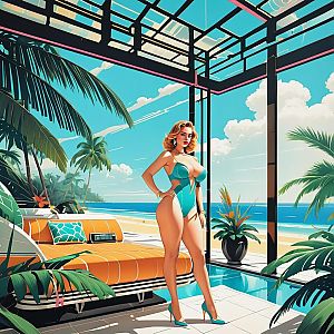 Stylish Woman in Turquoise Swimsuit at Tropical Beach House