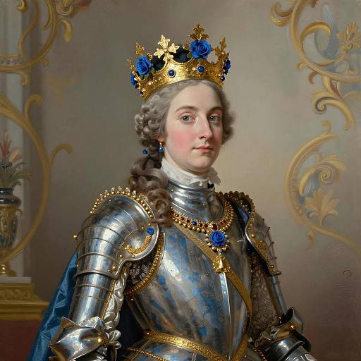 Regal Woman in Ornate Crown and Silver Armor with Blue Roses