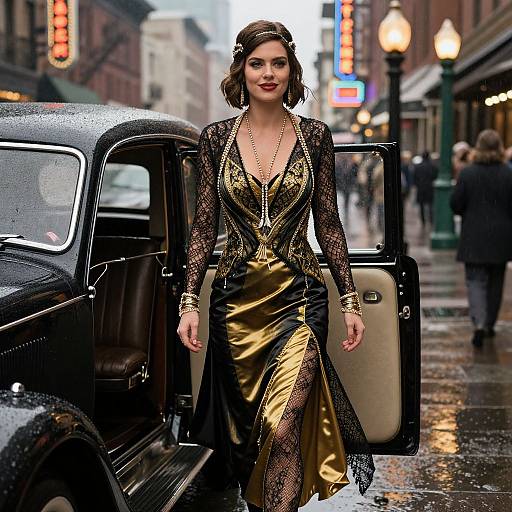 Vintage Glamour Woman in Black and Gold Dress Exiting Classic Car on Rainy City Street