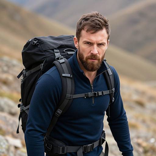 Man Hiking in Mountainous Terrain with Backpack Outdoors