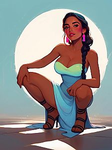 Woman in Light Blue Dress Crouching with Glowing Backdrop