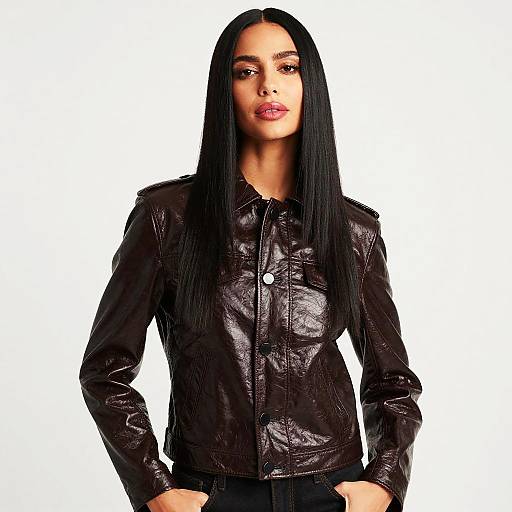 Woman Wearing Dark Brown Glossy Leather Jacket Fashion Portrait