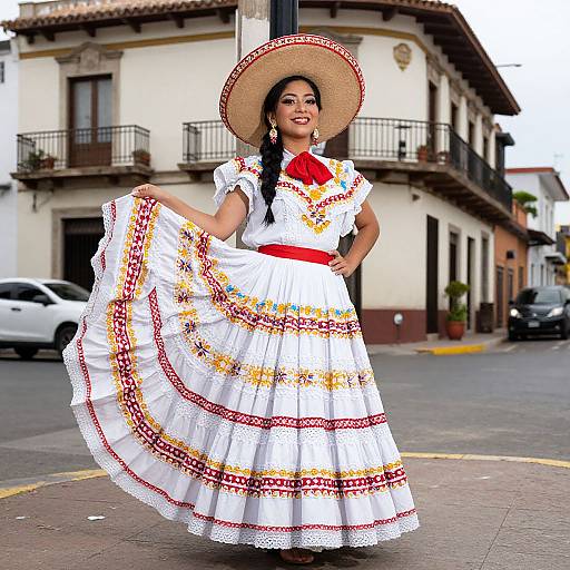 Mexican Woman in Traditional Folkloric Dress with Sombrero on Historic Street