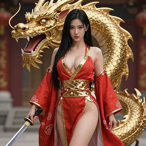 Woman in Red and Gold Asian Inspired Outfit with Sword and Golden Dragon Sculpture