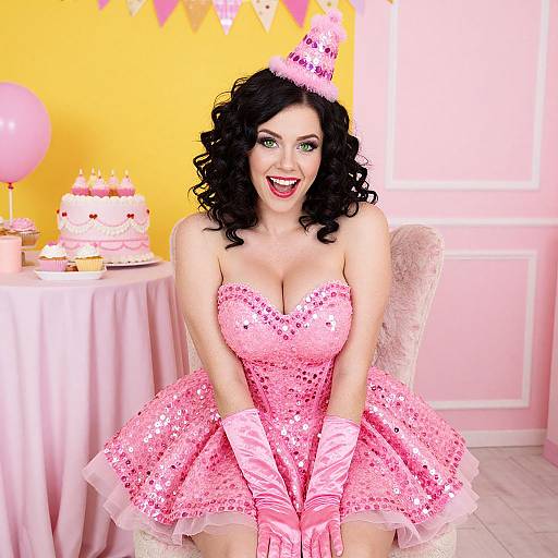 Joyful Woman in Sparkling Pink Party Dress Celebrating Birthday