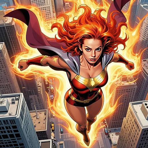 Fiery Female Superhero Flying Over Cityscape Comic Illustration